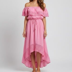 Seaspice Pink Off Shoulder Hawaiian Lace High Low Midi Dress Small